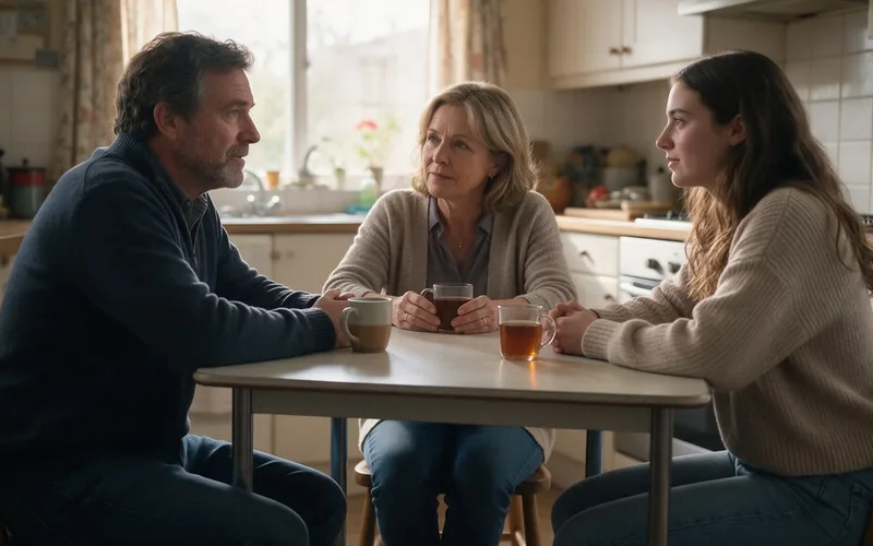 Familia alineada en la cocina de casa, frente común para ayudar a un familiar adicto que no quiere tratarse